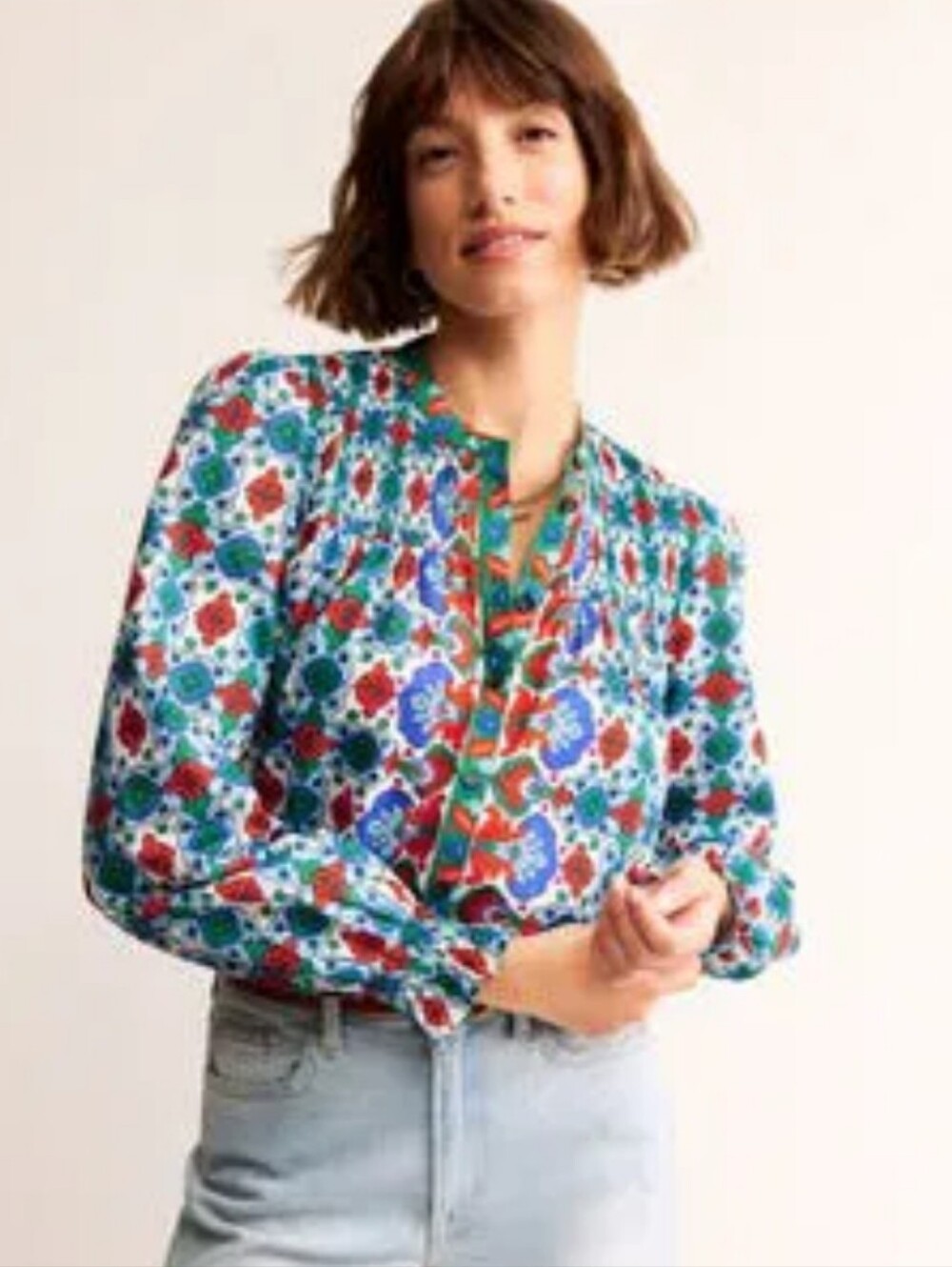 Boden Helena Cotton Multicolor Floral-Print Smocked Button-Front Blouse - Picture 6 of 7